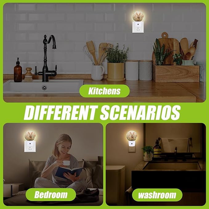 Cute Rabbit Night Light,Spring Wildflowers Plug-in Night Lights with Dusk-to-Dawn Sensor for Bedroom Bathroom and Living Room Sleep Friendly Rabbit