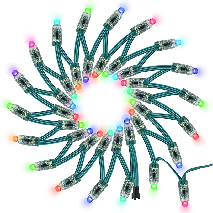 BTF-LIGHTING WS2811 Diffused Digital RGB LED Pixel String Light 12mm Individually Addressable Round LED Module 50pcs/String IP68 Waterproof DC12V Green Wire