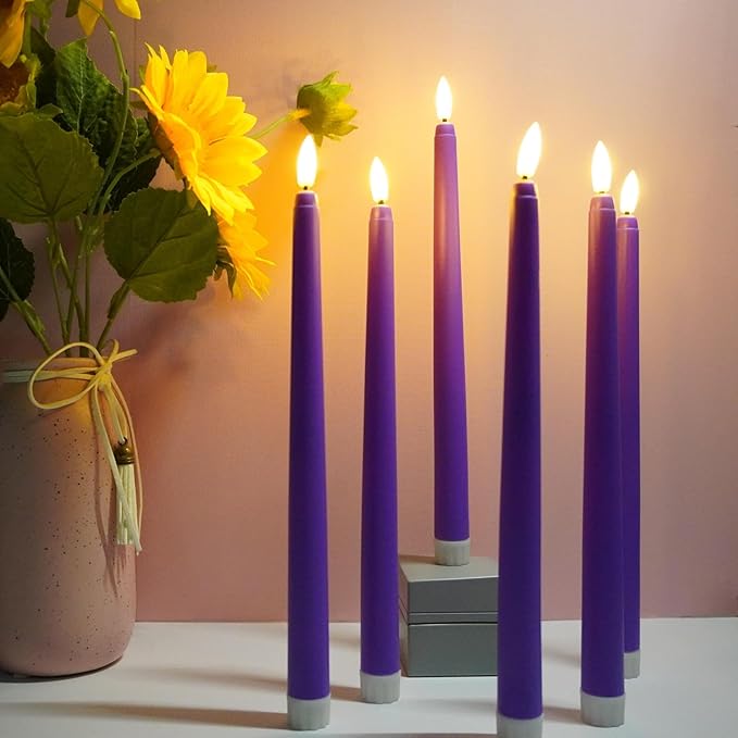 Purple Flameless Taper Candles with Remote, Flickering Christmas LED Candlesticks Battery Powered Set of 12