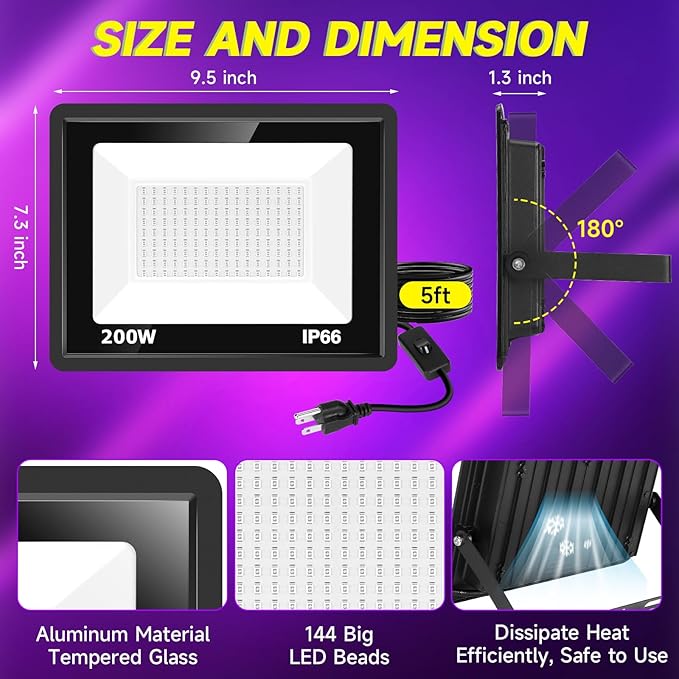 2 Pack 200W LED Black Light, IP66 Waterproof Outdoor Blacklight Flood Light Spotlight with Plug, Switch, Cord for Neon Glow Party Fluorescent Poster Body Paint Stage Lighting Halloween Decor