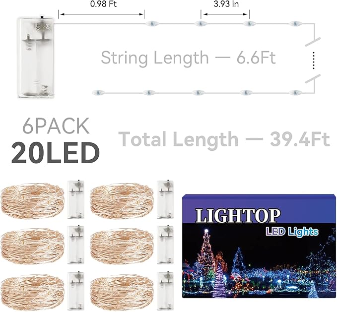 Fairy Light Battery Operated String Lights 6 Pack 20LED Copper Wire Firefly Twinkle Lights Indoor Waterproof for Christmas Halloween Garden Party Bedroom Wedding Birthday (Multicolor)