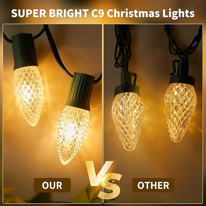 Brightown C9 Christmas Lights Outdoor 2 Pack - Total 162 FT 200 LED C9 String Lights, with Timing & Memory, 8 Modes, Connectable, Waterproof - for Indoor Outside Tree Home Yard Decoration, Warm White