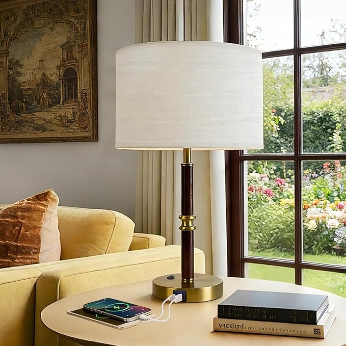 Desk Lamp with Dual USB Ports, 19.3" Wood & Metal Table Lamp for Bedroom & Living Room, Bedside Lamp with Linen Shade, Home Decor (Bulb Not Included)
