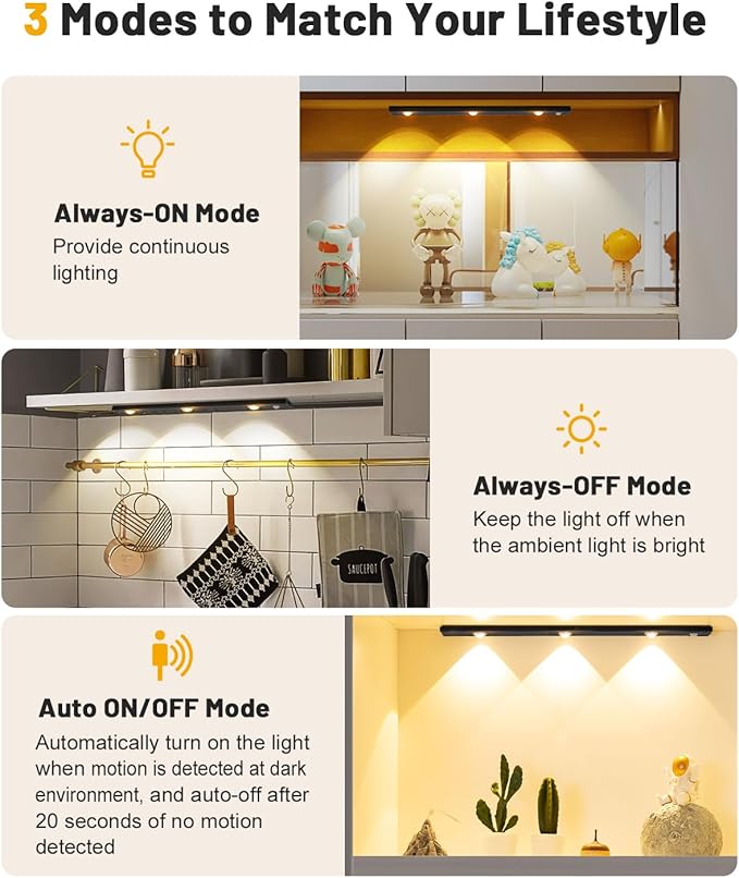Pak Under Cabinet Lights, Rechargeable Motion Sensor Light Indoor, Wireless and 3-Color Dimmable with Cat’s Eye Hill Effect, for Display Cabinets, Showcases, Wine Racks, 2 Pack, Black