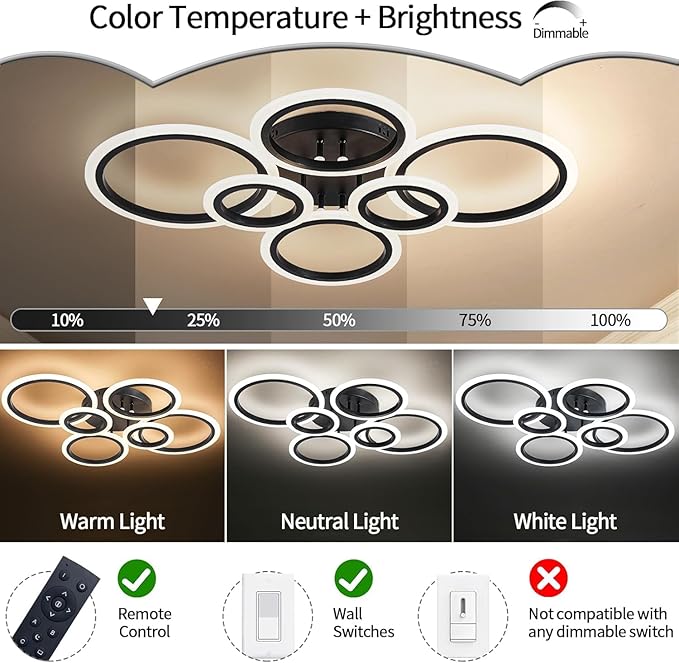 6 Rings Black Modern LED Ceiling Light Fixture, Flush Mount Ceiling Light with Remote Dimmable Brightness, Adjustable 3000-6000K Color Temperature, Timer for Living Room, Bedroom