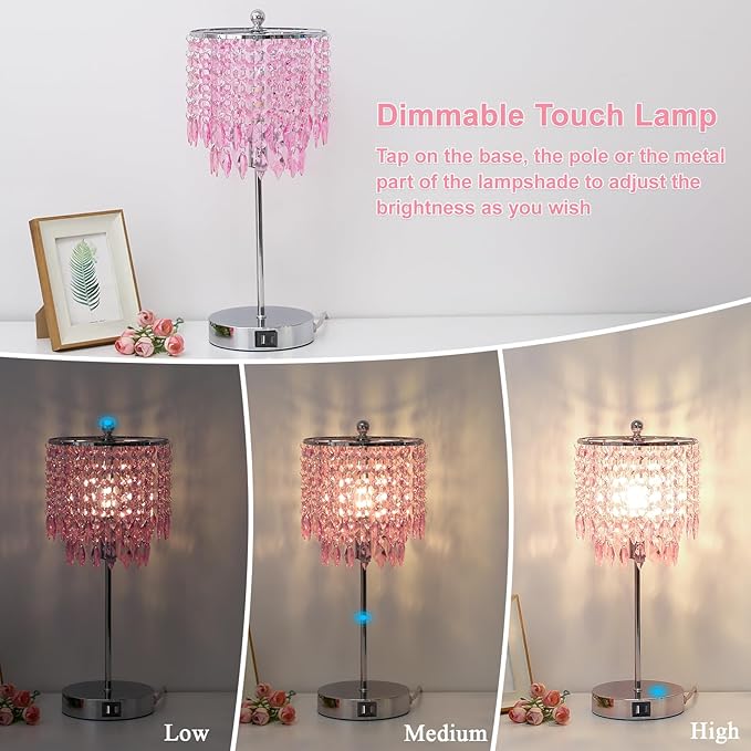 Boncoo Pink Crystal Lamps, Touch Control Crystal Table Lamp with Dual USB Charging Ports, 3 Way Dimmable Bedside Lamp Decorative Nightstand Lamp for Girls Bedroom, Living Room, B11 LED Bulb Included