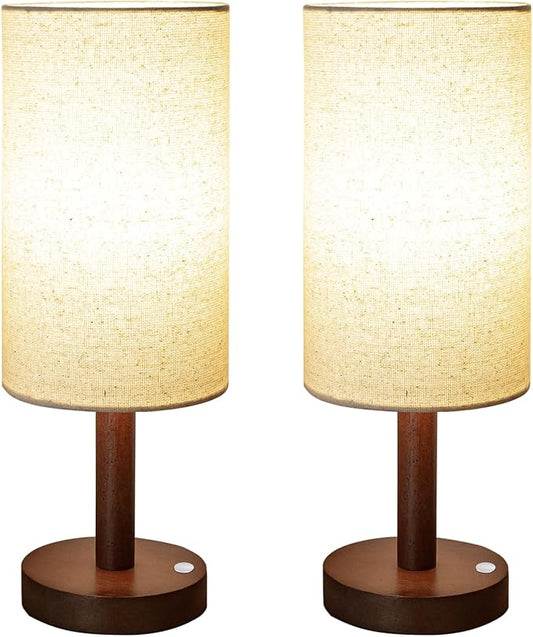 Small Table Lamp Nightstand Lamp Linen Lampshade Bedroom Wood Base Small Bedside Lamp for Night Stands, Desk Lamps for Reading Living Room, Office (LED Bulb Included) (Walnut Wood Cordless(2))