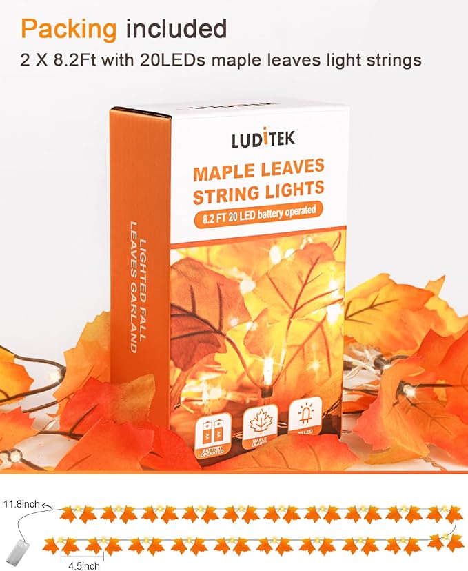 Fall Decor 2 Pack Lighted Fall Garland, Total 16.4ft 40 LED Thanksgiving Decorations Halloween String Lights, Friendsgiving Gift Thanksgiving Decor for Home Holiday Autumn Garland Indoor