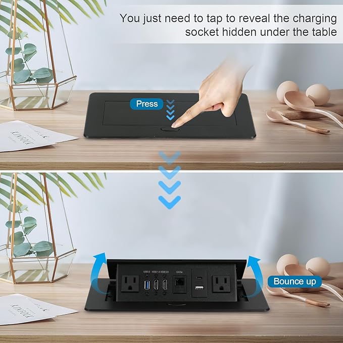 Table Pop Up Outlet, Desktop Pop Up Socket Center Countertop Socket Multimedia Strip Socket Connection Box Countertop with USB 3.0/2×AC/2×HDMI/USB-A/USB-C/LAN for Conference Desk Office (Black-3)
