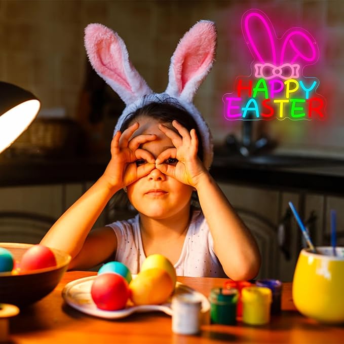 Easter Neon Sign for Wall Decor Dimmable Happy Easter Bunny LED Light Sign Bunny Lamp for Festival Decoration Rabbit Light Festival Decor for Home Shop Party Kids Room Window Size 12.9 * 12.4in(P039)