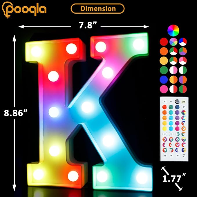Pooqla Colorful Light Up Letters with Remote, Upgraded 35 Colors LED Marquee Letters, RGB Lighted Letter for Girls Teenager Gift Birthday Party Valentines Day Decorations Gift for Him Her, Letter K