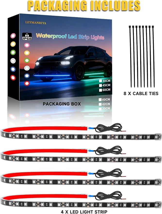 Led Light Strip Exterior Interior 24inch 5050 SMD Led Strip Light IP68 Waterproof Flexible Lights 12V for Car SUV Truck Marine Boat Golf Cart Blue Pack of 4