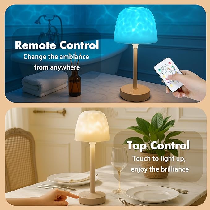 Rechargeable Shower Lights for Inside Shower, Cordless Waterproof Shower Lamp with Remote, 16 Color Changeable Ocean Wave Projector Light, LED Rotating Water Ripple Table Lamp for Bathroom, Bedroom