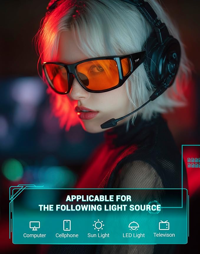 TIJN Sonia Sleep Glasses for Blue & Green Light Blocking,Red Lens with Dual AR Coating,Wraparound Frame for Gaming Screen