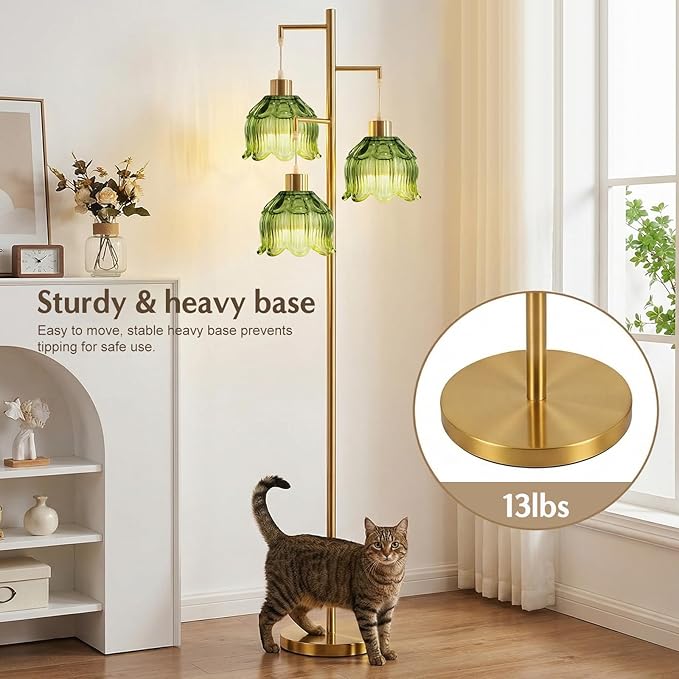 Floor Lamp for Living Room,Bedroom, Vintage 3 Light Standing Lamp Mid Century Modern Gold Tree Tall Floor Lamps Retro Floor Lights Green Glass Flower Lamp Shade Farmhouse Boho Bohemian