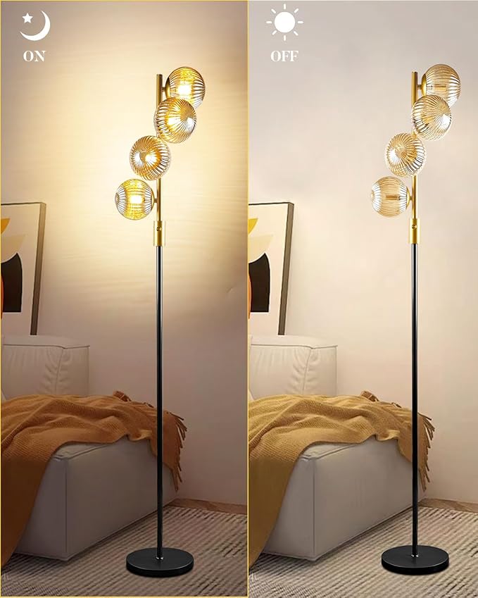 Lightdot 64IN Dimmable Floor Lamp with Glass Globe Shade, Modern Gold &Black Standing Lamps with 4PCS Warm White Bulbs Included, Mid Century Floor Lamp for Living Room/Sofa Beside/Corner Decor