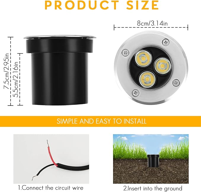 Low Voltage In-ground Light LED Well Lights Landscape Lighting 3W 12V 24V Outdoor Landscape Light Waterproof IP67 Pathway Driveway Deck Step Fence Garden Lights (Warm White)