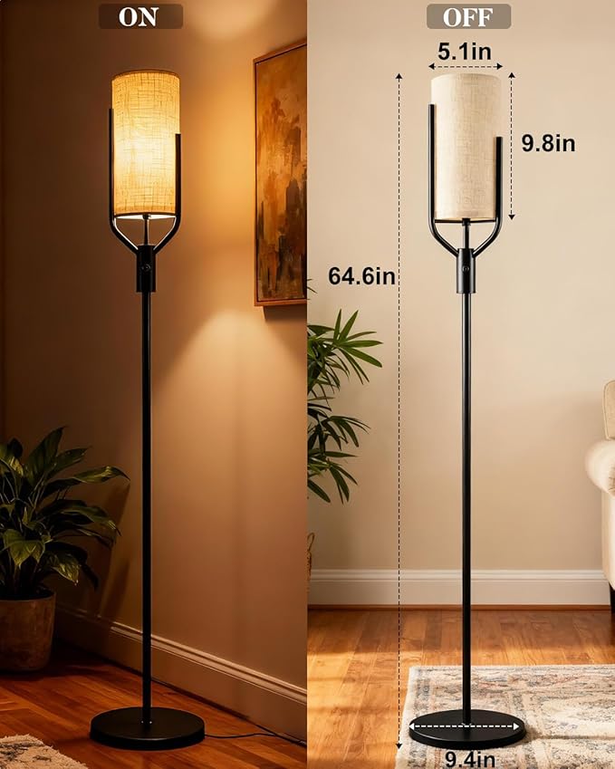 64.6IN Black Floor Lamp - Dimmable LED Floor Lamp with Linen Shade, 3000K Soft Warm White | Bulbs Included | Modern Tall Lamp for Living Room, Bedroom, Wedding & Party