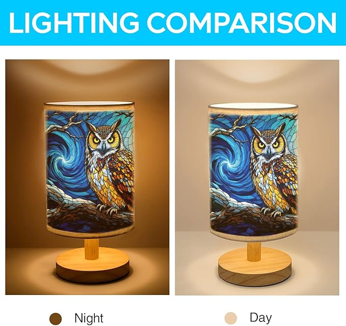 Owl Table Lamp LED 3-Color Pressed Bedside, Owl Shade Lamp with Wood Base for Bedroom Living Room Desk Office TL01