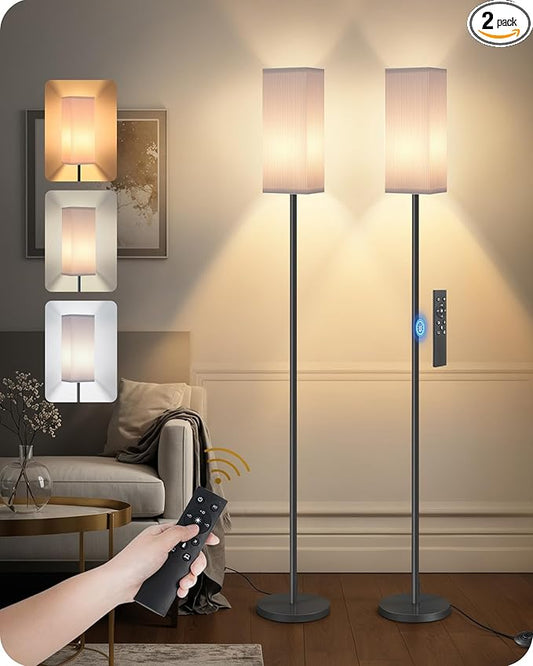 2Pack 64.2” Dimmable Floor Lamp for Living Room with Remote & Foot Switch, Corner Floor Lamp for Bedroom, Includes A19 Bulb, Modern Standing Tall Lamp, ETL Listed White and Black CW17LDP205