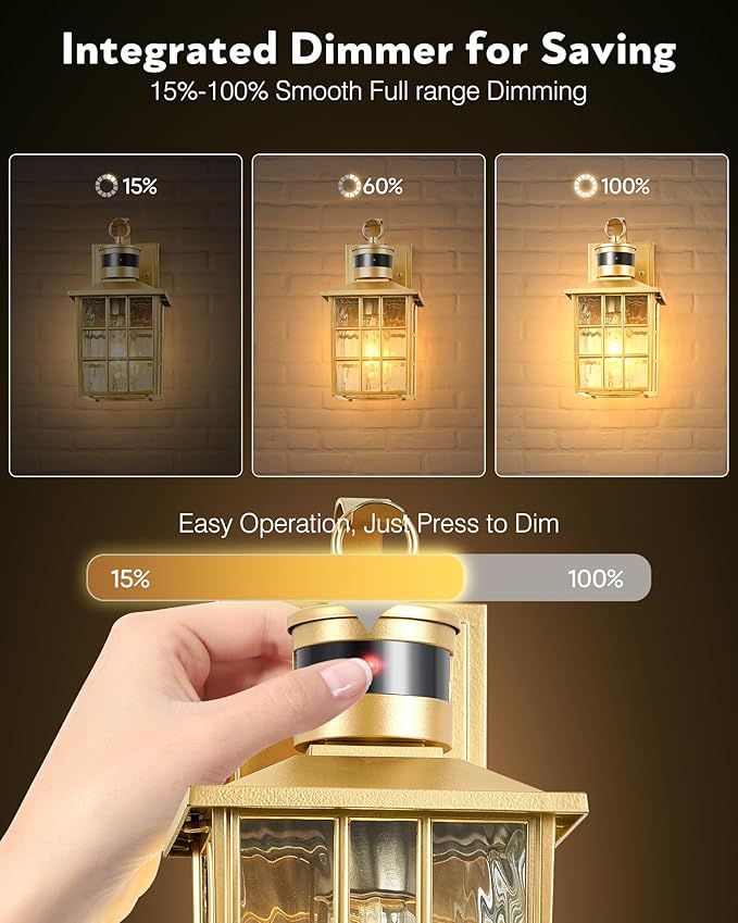 VIANIS Gold Motion Sensor Outdoor Lights for House, Modern Exterior Lighting Fixtures Wall Mount, 100% Aluminum Waterproof Outdoor Wall Sconce with Water Ripple Glass, Dusk to Dawn Front Porch Light