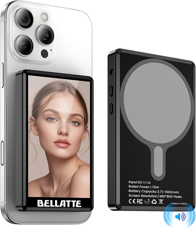 Vlog Selfie Monitor Screen for iPhone & Android, 4K 30fps Wireless Magnetic Back Camera Monitor for Vlog Live Stream TikTok YouTube, Audio Sync Built-in Speaker, Remote Control