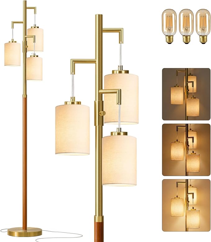 70" Dimmable Floor Lamp Wood Floor Lamps for Living Room Bedroom Mid Century Modern Floor Lamp Gold Standing Lamp Tall Lamps for Office Nursery Reading Elegant Stand Up Lamp, 3 Bulbs Included