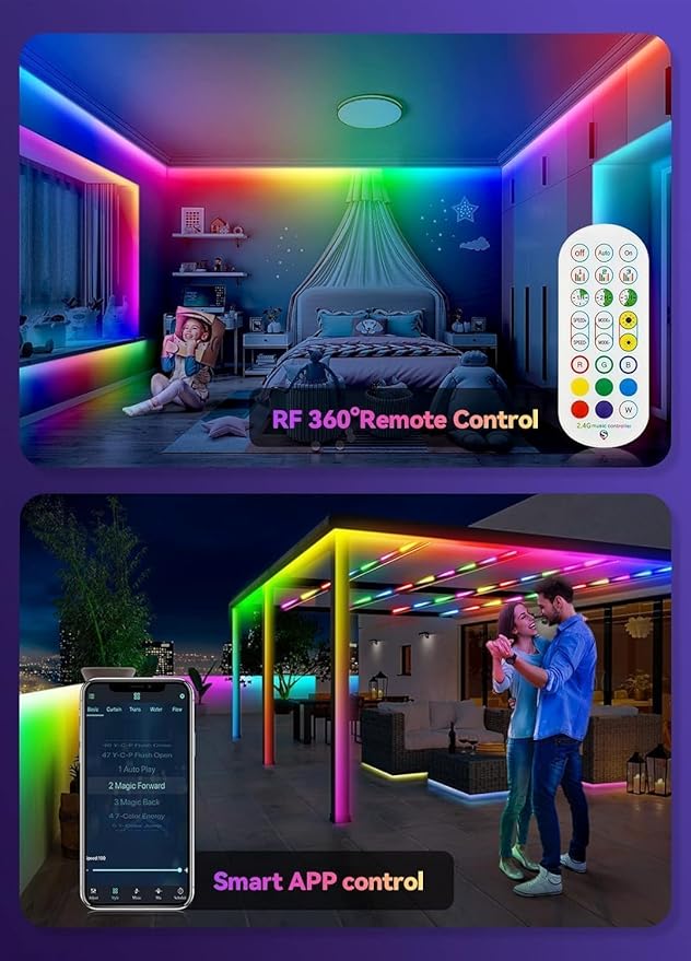IP67 50FT Continuous RGB+IC DIY Design Outdoor Led Strip Lights Waterproof with Wi-Fi+Bluetooth App Compatible with Alexa,Google Assistant,Themable for Football Clubs Color Changing LED Rope Lights