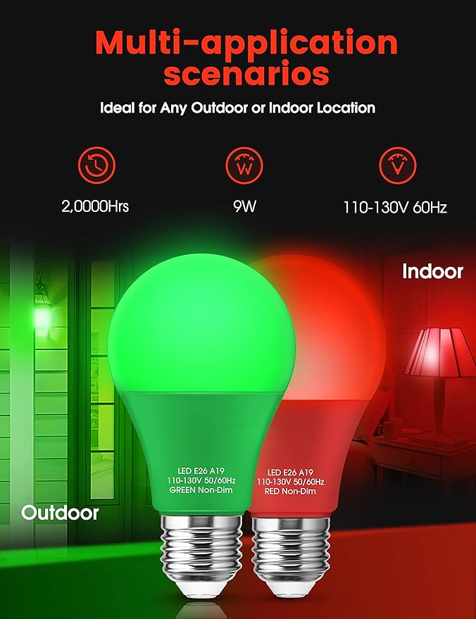 Red and Green Light Bulbs 【4 Pack 】, A19 LED Christmas Light Bulbs, 9W E26 Red Light Bulb Green Light Bulb 720LM for Halloween Christmas Lighting, Porch, Non-Dimmable