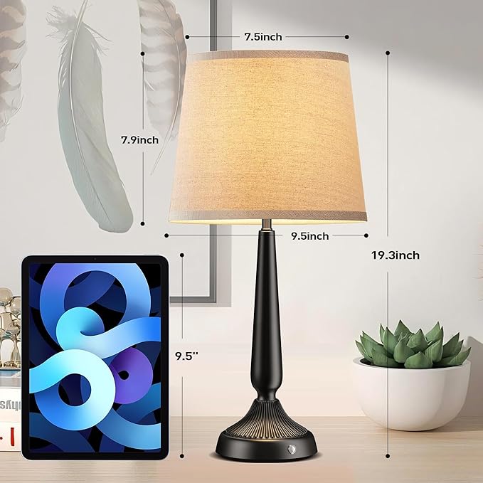 PARTPHONER Cordless Table Lamp, 5000mAh Battery Rechargeable Touch Lamp, 3-Level Brightness Bedside Lamps, Modern Black Iron Design, Desk Lamp for Patio Camping, Dining, Home
