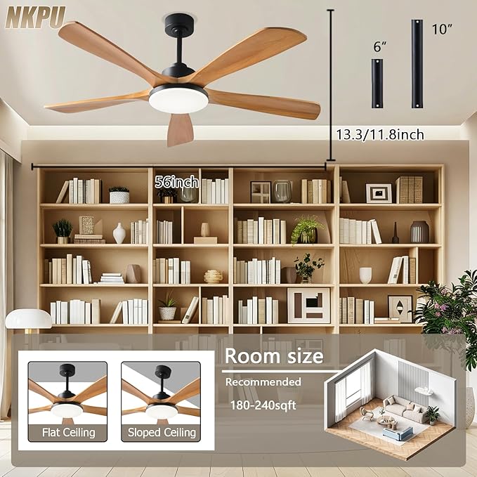 Ceiling Fans with Lights and Remote Control, 5 Solid Wood Blades, 3CCT Dimmable, 56 Inch Modern Outdoor Ceiling Fans for Bedroom Farmhouse Patios, Quiet DC Motor