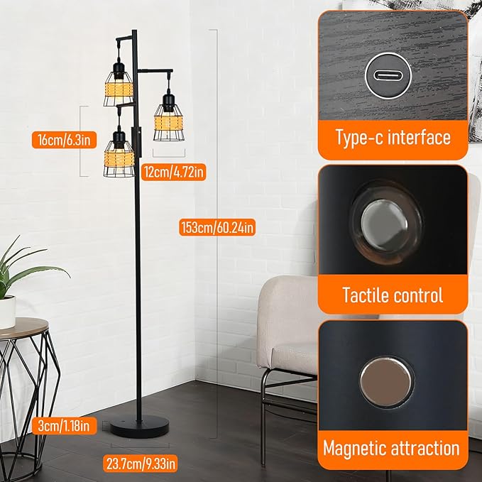 Rattan Boho Rechargeable Cordless Floor Lamp with Remote Dimmable 3 Bulb Edison E26 Brown Warm Light Vintage Standing Lamp for Bedroom,Outdoor,Living Room Rustic,Patio,Farmhouse,60.6" Black