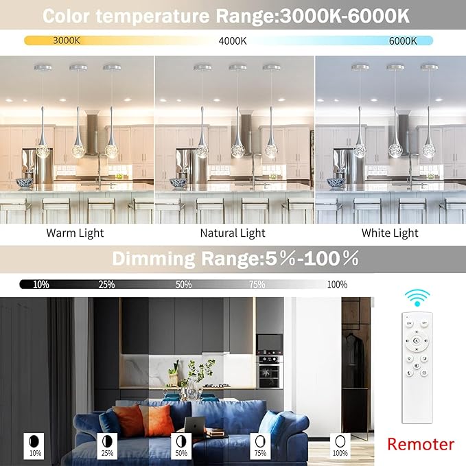 Modern Pendant Lights for Kitchen Island LED Dimmable Crystal Glam Ceiling Pendant Lighting for Dining Room Hallway Bedroom Corner Lamp Brushed Nickel