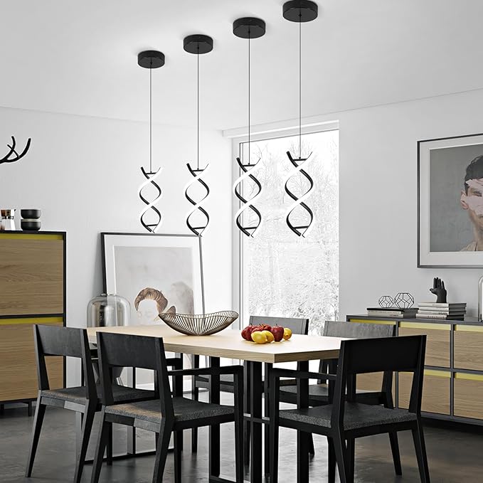 CANEOE Spiral Led Pendant Light Fixture,15W 6000K Modern Integrated LED Hanging Lamp, Adjustable Height Black Kitchen Island Light Fixture for Dining Room Bedroom Kitchen Sink, 1 Pack (Black)