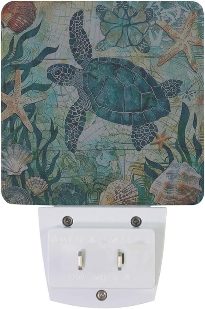 Vdsrup Vintage Ocean Turtle Night Light Set of 2 Sea Starfish World Map Plug-in LED Nightlights Auto Dusk-to-Dawn Sensor Lamp for Bedroom Bathroom Kitchen Hallway Stairs