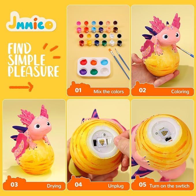 JMMICO Paint Your Own Axolotl Lamp, Axolotl Crafts Kit, Arts and Crafts for Kids Ages 4-8 8-12, Easter Basket Stuffers, Easter Gifts for Kids 6 7 8 9 10 11 12 Years Old Boys Girls (Pink)