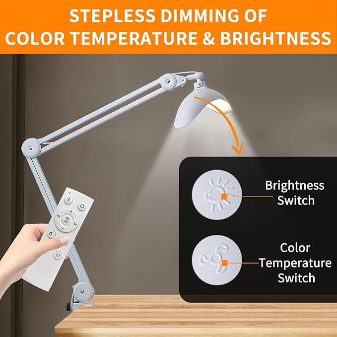 22 inch Architect Desk Lamp with Clamp - 48W CCT Dimmable Office Task Light with Remote, Adjustable Swing Arm Industrial LED Computer Lamp for Home Office, Study, Reading & Nail Art
