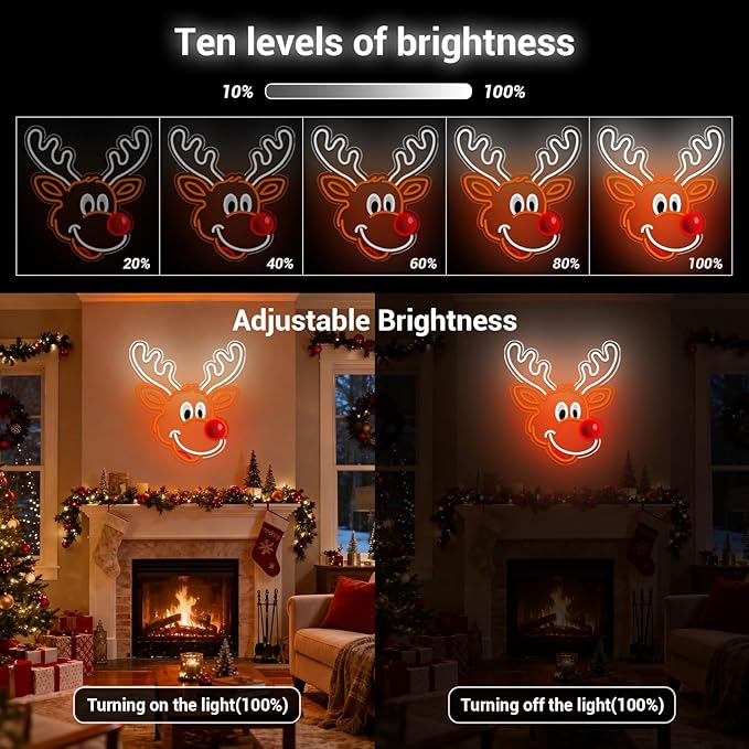 Christmas Elk Window Lights Decorations Indoor, Christmas Deer Neon Signs for Holiday Indoor Wall Door Glass Decor(White Elk)