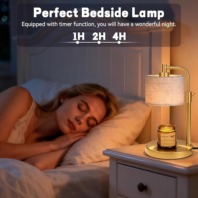 Candle Warmer Lamp, Candle Lamp Warmer with Timer Adjustable Height Wax Warmer Lamp for Jar Candles, Birthday Gifts for Women House Warming Gifts (Gold Linen)