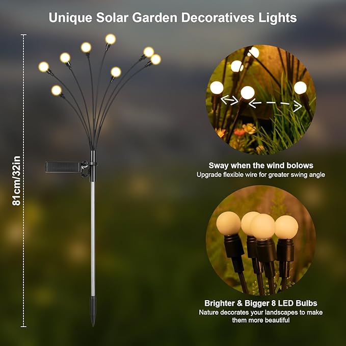 Solar Lights Outdoor(2 Pack-16 LEDs), ASMAD Solar Garden Lights, Outdoor Decorations, Firefly Light for Patio Decor, Big Bulb, Unique Gifts for Women, Gifts for Grandma
