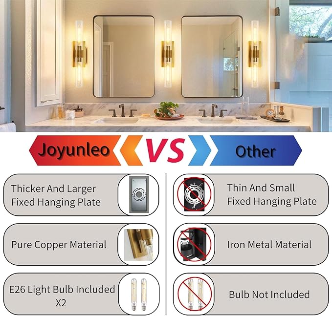 Brass Wall Sconces, 22.8" Bathroom Wall Sconce, Antique Brass Wall Sconces Set of 2, 2-Light Dimmable Wall Sconce, Sconces Wall Lighting With Glass, Bathroom Vanity Light, Tube Sconce for Living Room