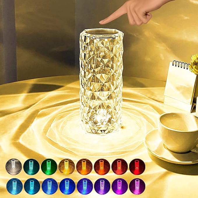 Rose Crystal Table Lamp, 16 Color Changing, Touch & Remote Control, USB Rechargeable, Energy Efficient