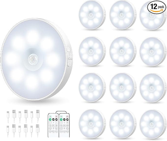 Motion Sensor Puck Light with Remote, Wireless Dimmable Under Cabinet Lighting, Rechargeable Magnetic Closet Night Light, 12-Pack, Cool White