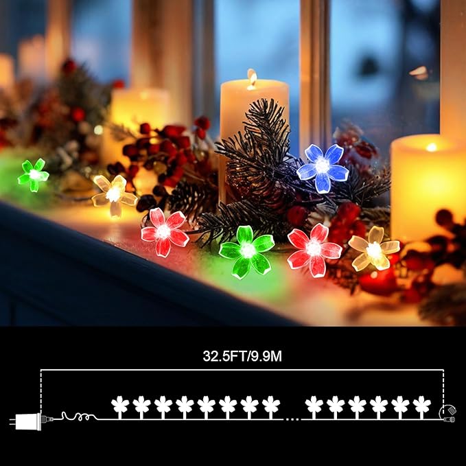 LAMPHOME Multicolor Flower String Lights, 33ft 100 LED Cherry Blossom Plug in Easter Christmas Tree Hanging Fairy Lamp, 16funstions Garden Bedroom Indoor Decorations for Fence, Wedding Birthday Party