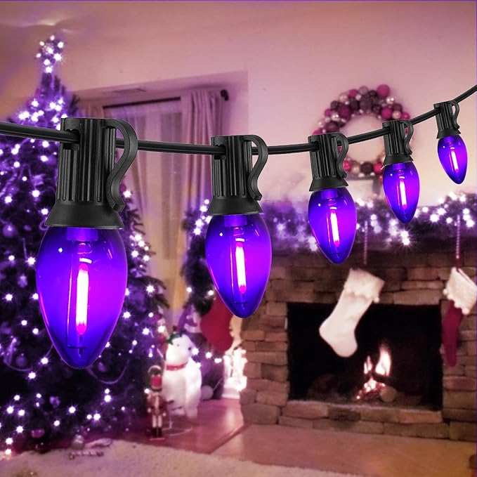 12FT Purple Halloween Lights Outdoor, C7 LED String Lights Plug in with Black Wire for Porch Railing, Walkway, Fence, Energy Saving