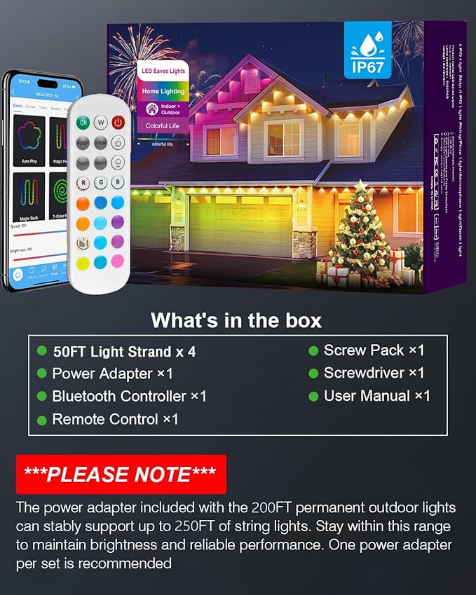 Permanent Outdoor Lights, 200FT RGB+IC Smart LED Outdoor Lights with App/Remote Control, DIY Scene Modes Lighting & IP67 Waterproof, Eaves Light for Christmas, Holiday, Daily Decorations