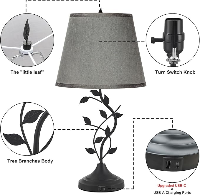 Kakanuo Table Bedside Lamp with USB C Charging Port, Grey Traditional Nightstand Lamp for Living Room, Desk Lamp Large Retro Table Lamp for Bedroom