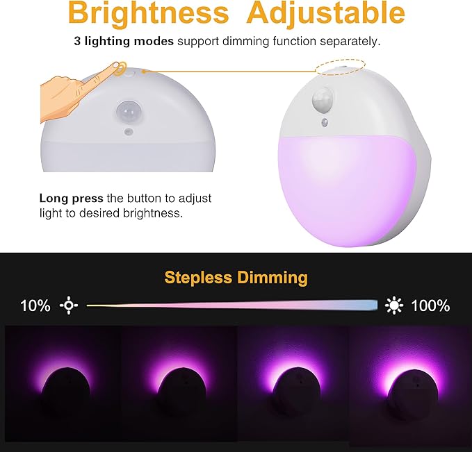 2 Pack Purple Battery Night Light, Motion Activated Night Light, 2.6" Small Sticky Lights, 3 Light Modes, Dimmable Calming Glow for Meditation, Relaxation, Bathroom, Bedroom, Travel, Violet