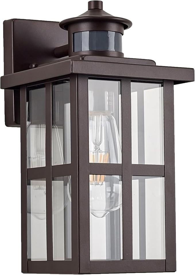 MICSIU 11.75" Bronze Motion Sensor Outdoor Wall Light, Dusk to Dawn Exterior Wall Sconce with 3 Modes, Clear Glass Anti-Rust Porch Light for House, Garage, Oil Rubbed Bronze, 1-Pack