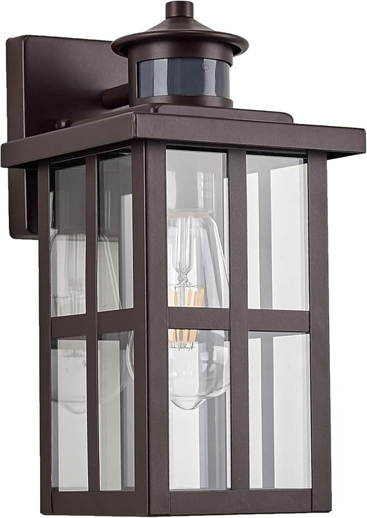 MICSIU 11.75" Bronze Motion Sensor Outdoor Wall Light, Dusk to Dawn Exterior Wall Sconce with 3 Modes, Clear Glass Anti-Rust Porch Light for House, Garage, Oil Rubbed Bronze, 1-Pack